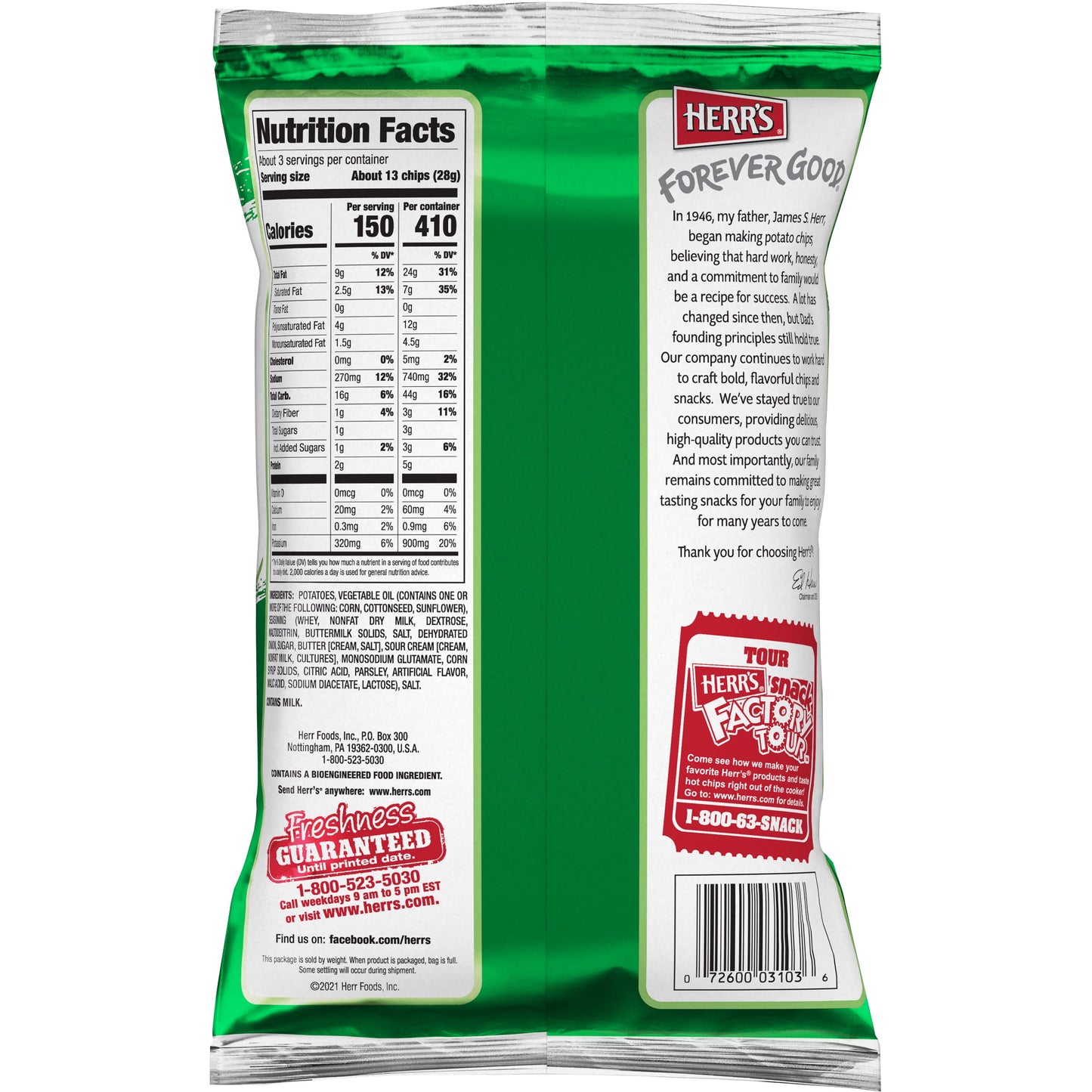 Herr's Sour Cream and Onion Potato Chips 71g Snacks/Chips Herr’s, Trending, Latest Products