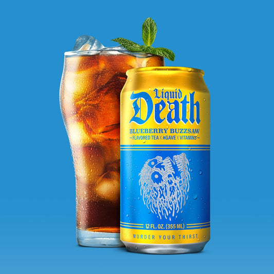 24 Pack Liquid Death Blueberry Buzzsaw Flavor Iced Tea Cans (12 Oz) Soda Pop (not for Sale) Liquid Death, 24 Pack, Cases