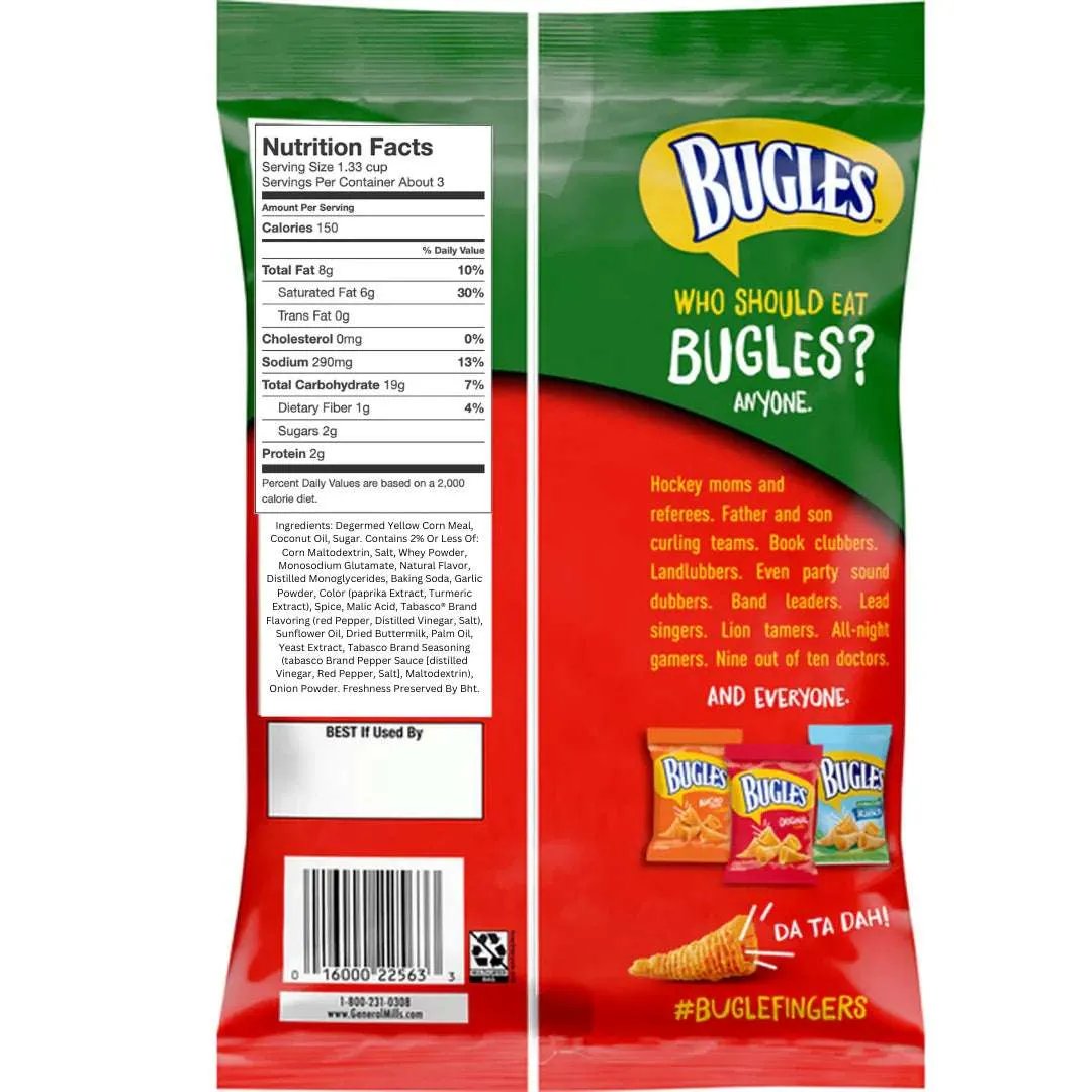 6 Pack Bugles Tobasco Flavor Snacks/Chips Bugles, TSASN&CH, bulk, cabestseller