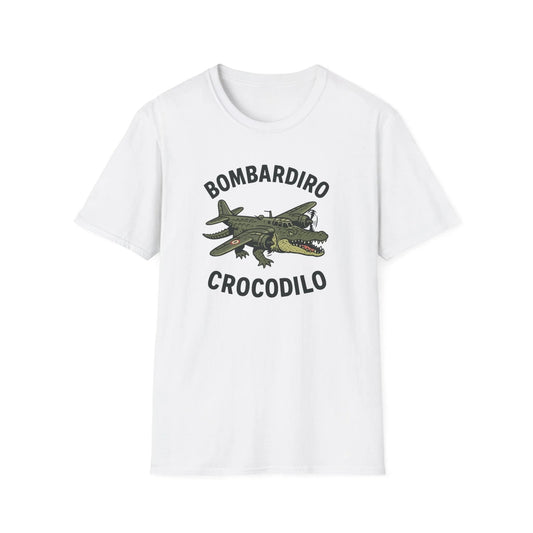 Bombardiro Crocodilo T-Shirt - Unisex Softstyle | Bombardiro Crocodile Graphic Shirt White T-Shirt Printify