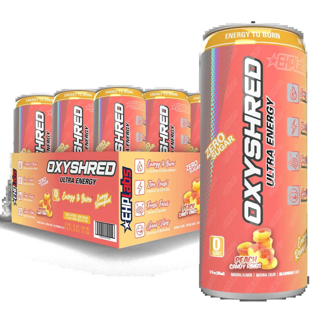 12 Pack Oxyshred Peach Rings Ultra Energy Zero Sugar