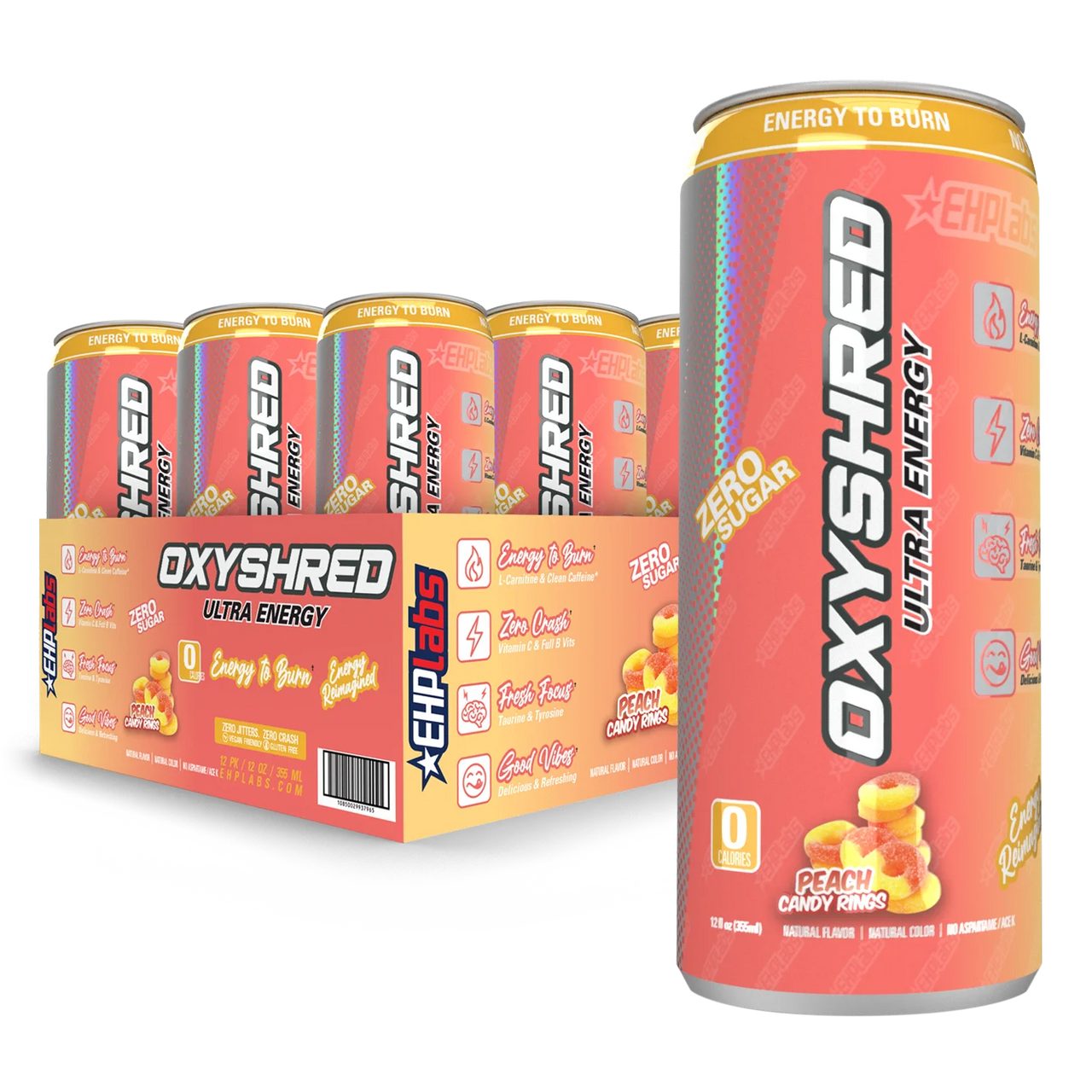 12 Pack Oxyshred Peach Rings Ultra Energy Zero Sugar