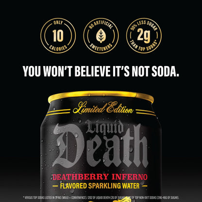 24 Pack Liquid Death Deathberry Inferno (12 Oz) Soda Pop Liquid Death, 24 Pack, Cases