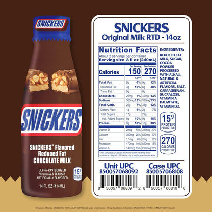 12 Pack Snickers Flavored Reduced Fat Chocolate Milk Drink, 414ml Drink Mixes Snickers, Trending, Latest products