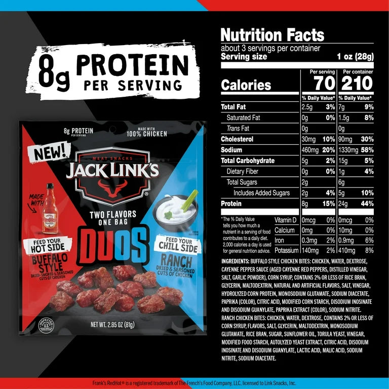 Jacklinks Duos Chicken Bites Redhot Sauce and Ranch Flavor