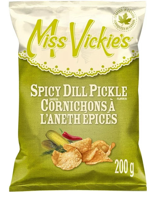 Miss Vickieâ€™s Spicy Dill Pickle flavor kettle cooked potato chips 200 GM
