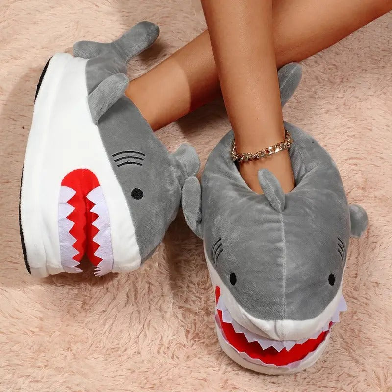 Cartoon Shark Plush Sneaker Slippers - Grey Color