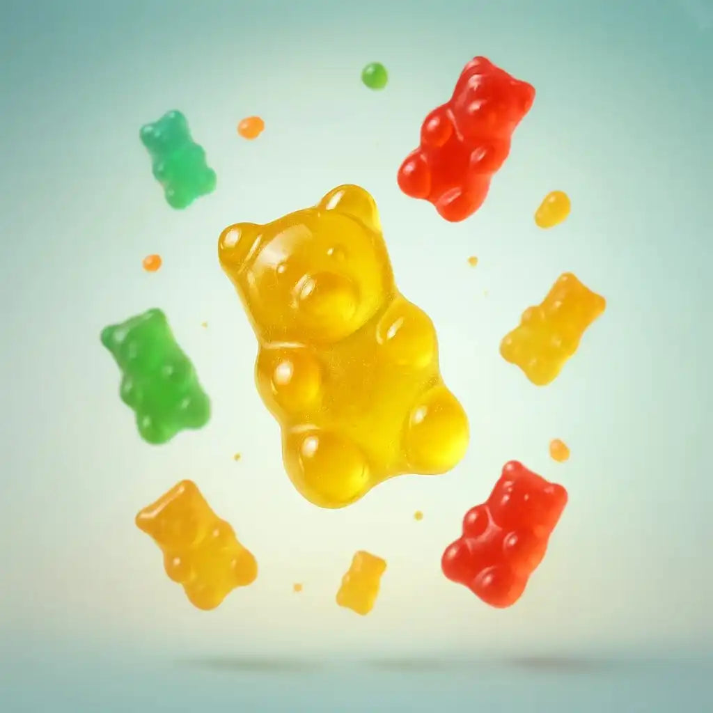 Assortment of colorful gummy bears in various sizes.