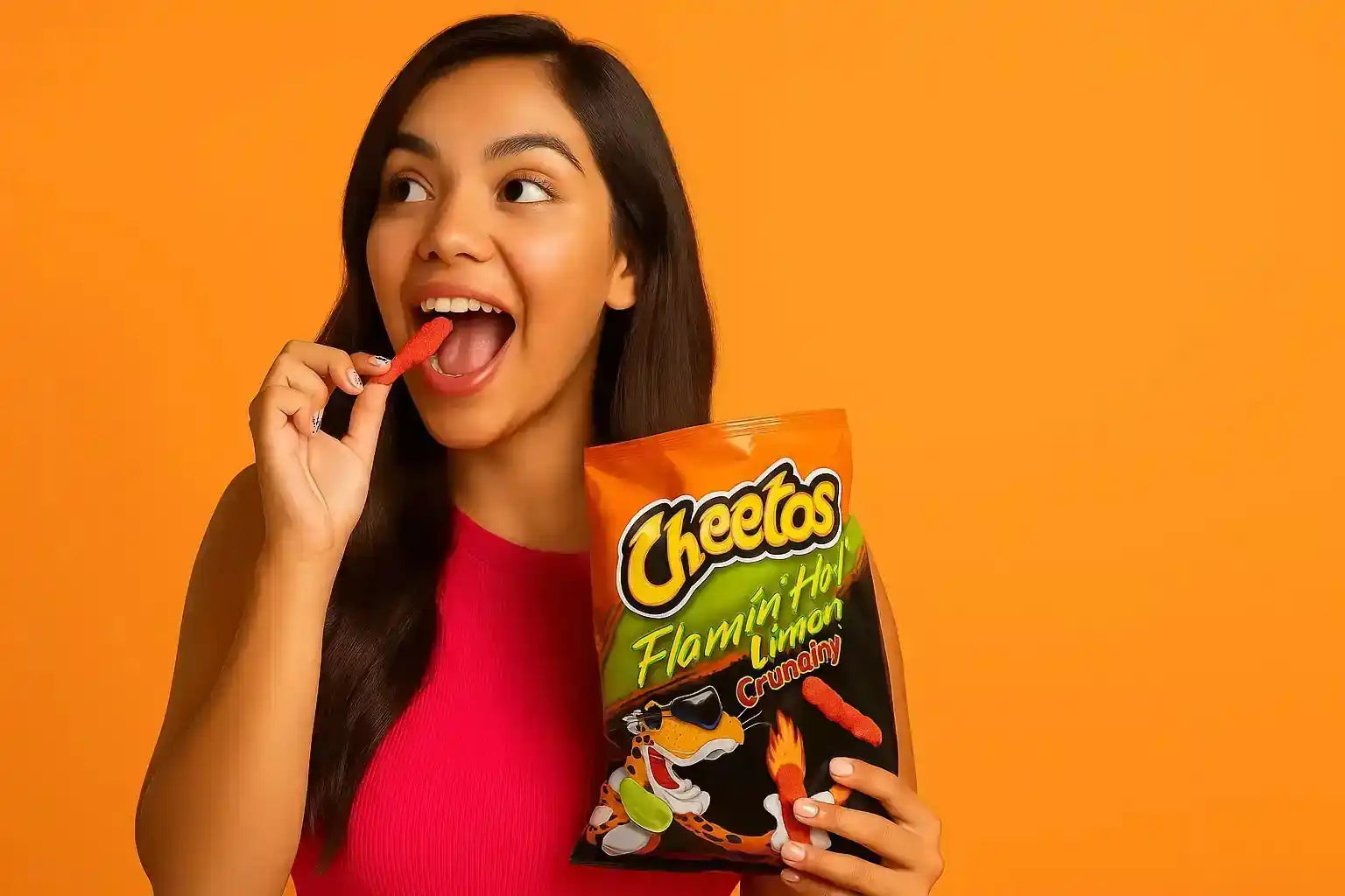 A bag of Flamin’ Hot Limon Crunchy Cheetos and a person eating one.