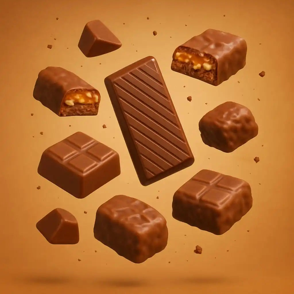 A delectable assortment of milk chocolate pieces with various fillings, including caramel and nuts.