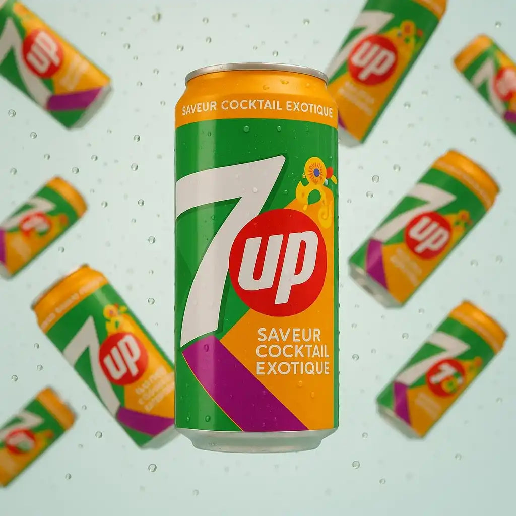 A green, yellow, and purple 7 Up soda can with ’SAVEUR COCKTAIL EXOTIQUE’ written on it.