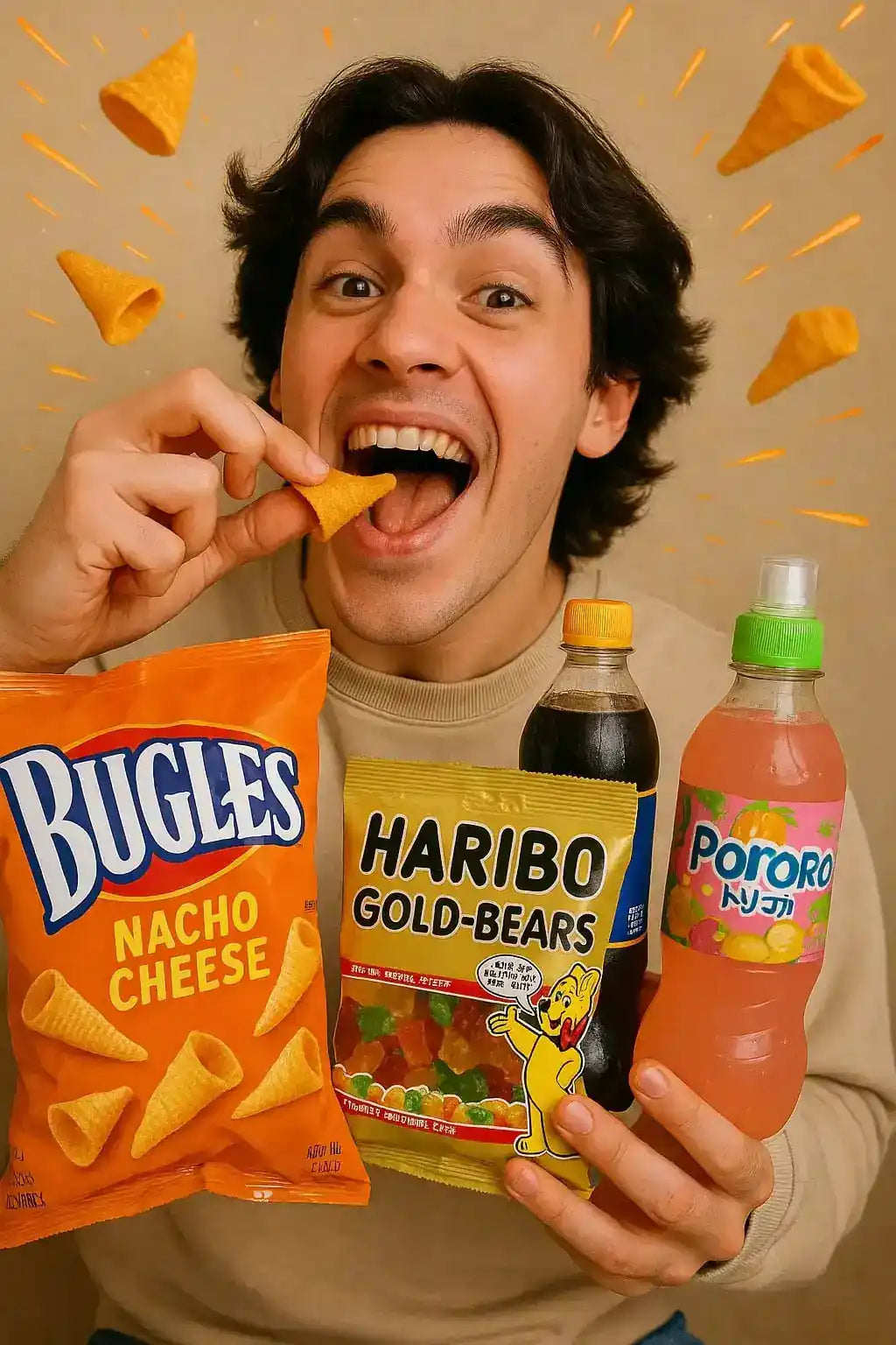 A person about to eat a Bugles Nacho Cheese flavored snack, with Haribo Gold-Bears gummy bears, a dark soda, and a pink Pororo drink.
