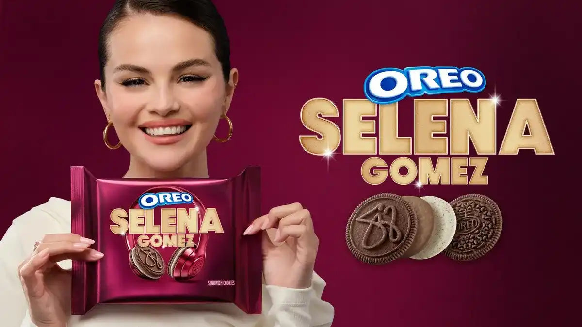 Selena Gomez holding a special edition Oreo package and displaying the cookies.