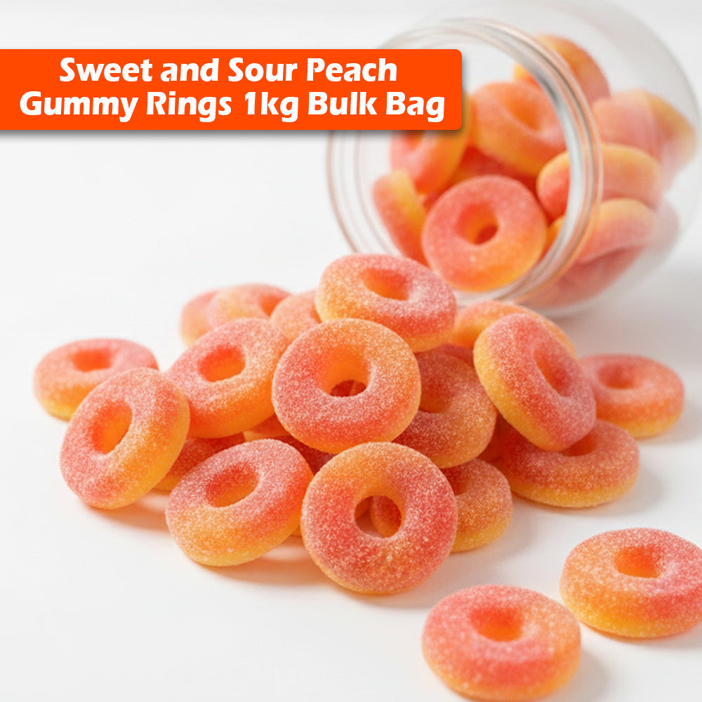 Sweet and Sour Peach Gummy Rings Candies 1kg Bulk Bag Candy Gummy Zone, TSGZC, Bulk Candies, Bulk