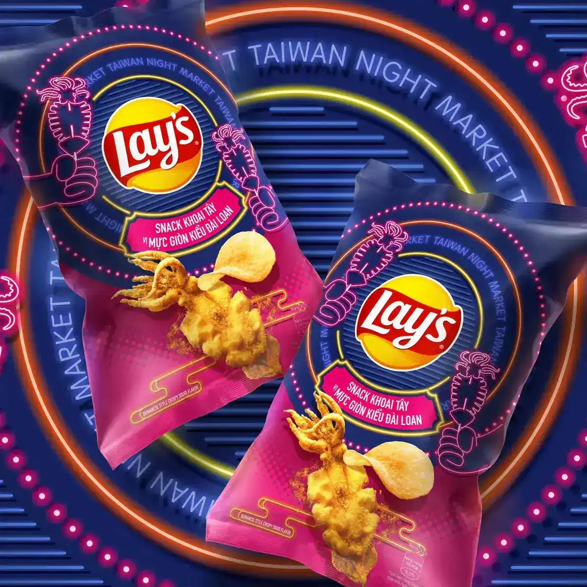 Two bags of Lay’s potato chips with a squid and potato chip graphic.