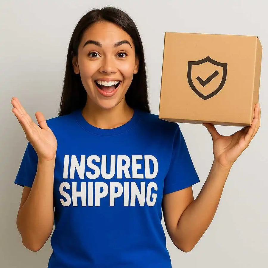 A woman in a blue ’Insured Shipping’ t-shirt holding a cardboard box with a shield and checkmark symbol.