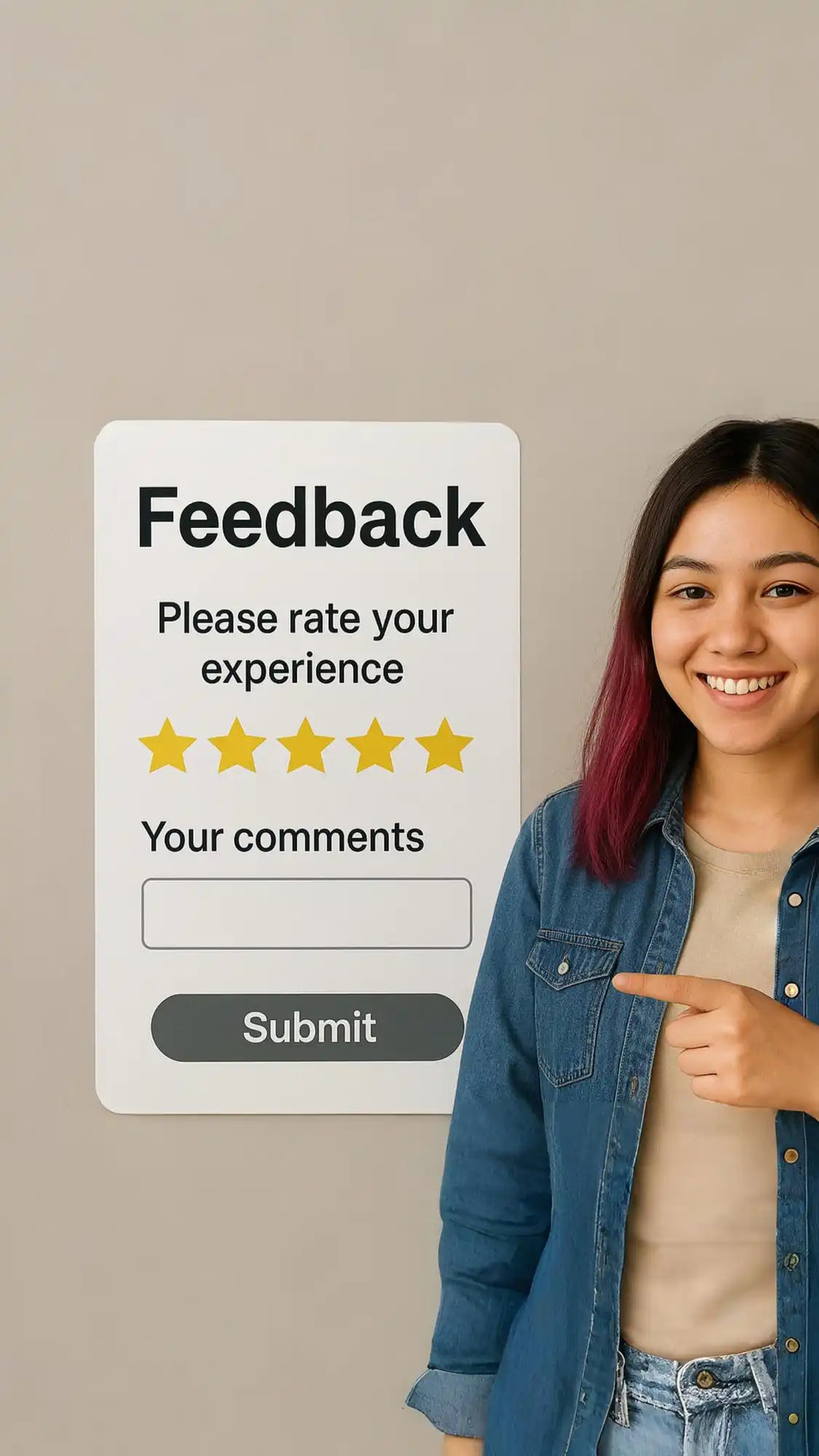 A smiling woman pointing to a feedback form.