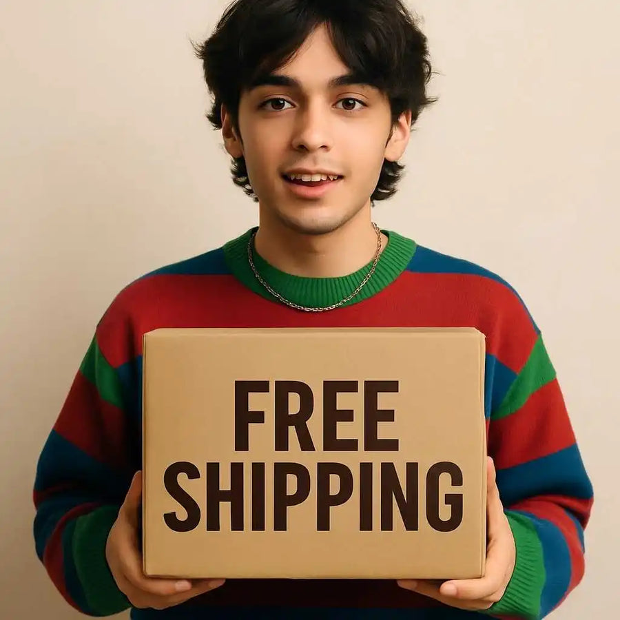 A young man wearing a striped sweater holding a cardboard box.