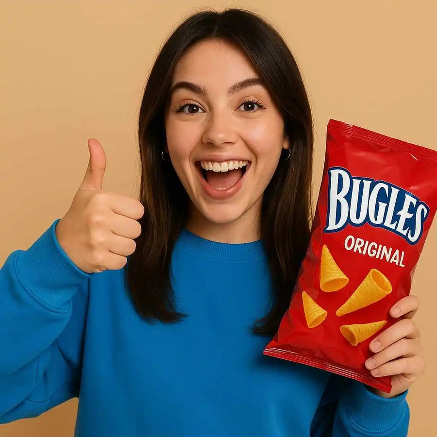 A young woman enthusiastically holding a red bag of Bugles Original corn snacks and giving a thumbs-up.