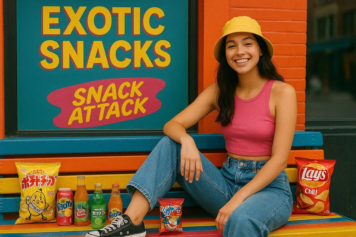 A smiling young woman wearing a pink tank top, blue jeans, and a yellow bucket hat, sitting on a colorful bench with various snacks and drinks.